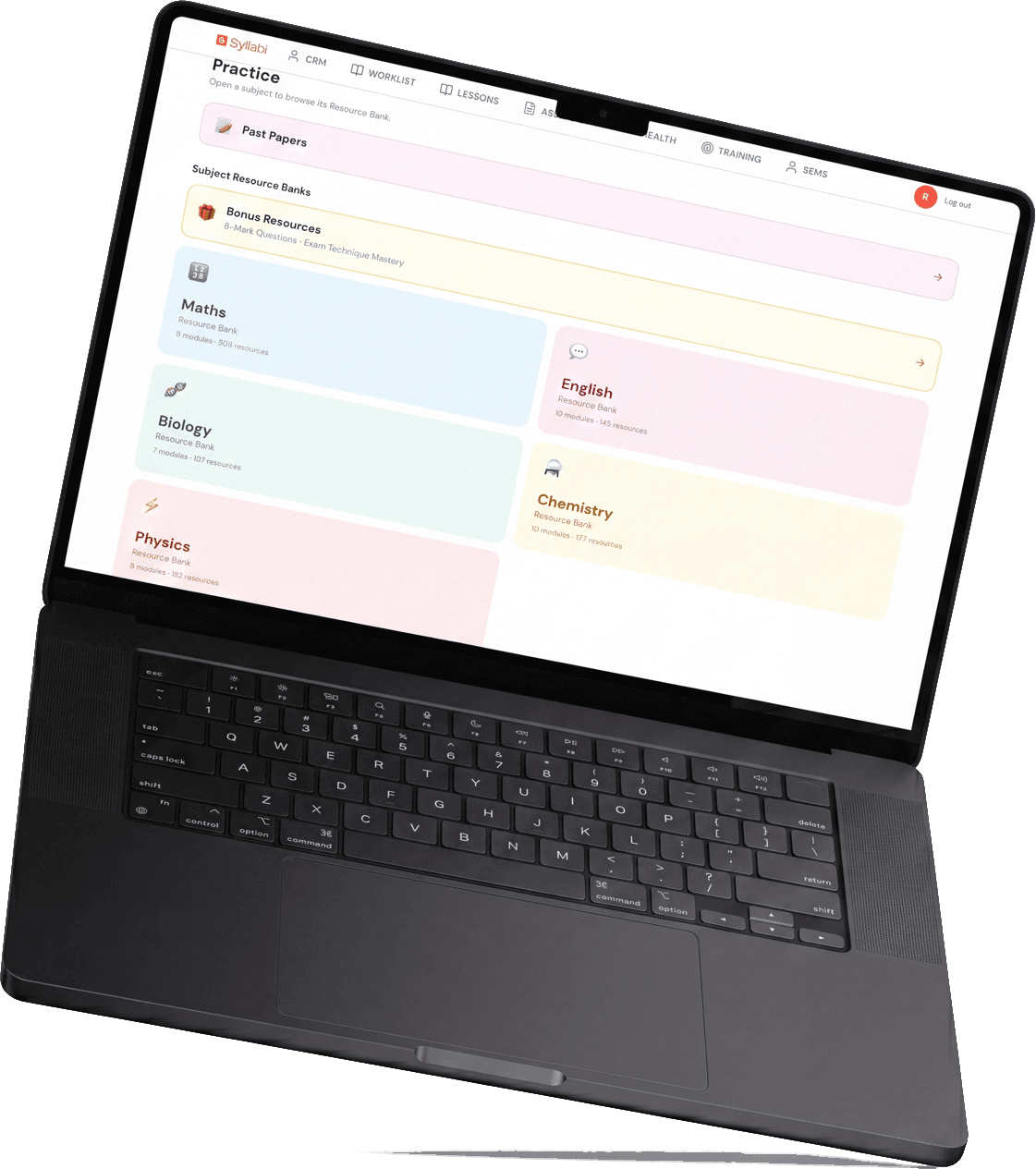The Syllabi platform open on a laptop, showing subject resource banks for Maths, English, Biology, Chemistry and Physics