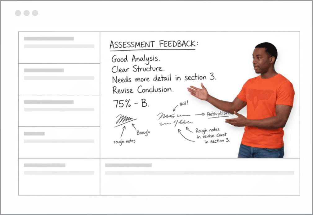 A Syllabi teacher beside handwritten assessment feedback marked 75% – B